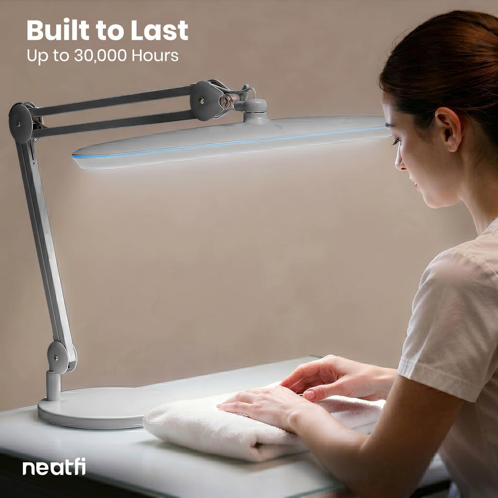 Neatfi XL 24W LED Desk Lamp – 2,200 Lumens | 23' Wide Shade | Dimmable Eye-Caring Task Light | Adjustable Arm | Office, Study, Crafting & Nail Techs (Silver, Non-CCT with Base)
