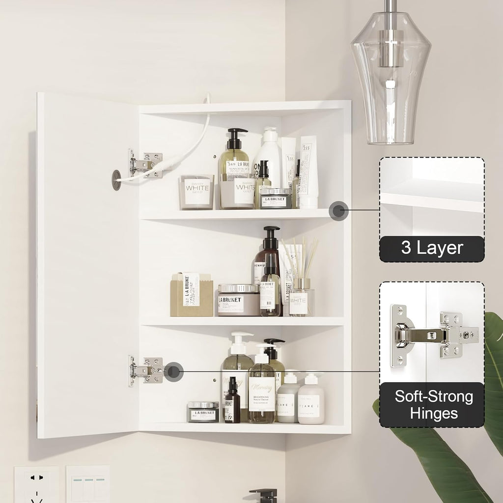 Corner Medicine Cabinet with Mirror,Lighted Medicine Cabinet with 2 Storage Shelf, 24' Bathroom Mirror Cabinet,Wall Mounted,Opens Right to Left,White,24' x16'