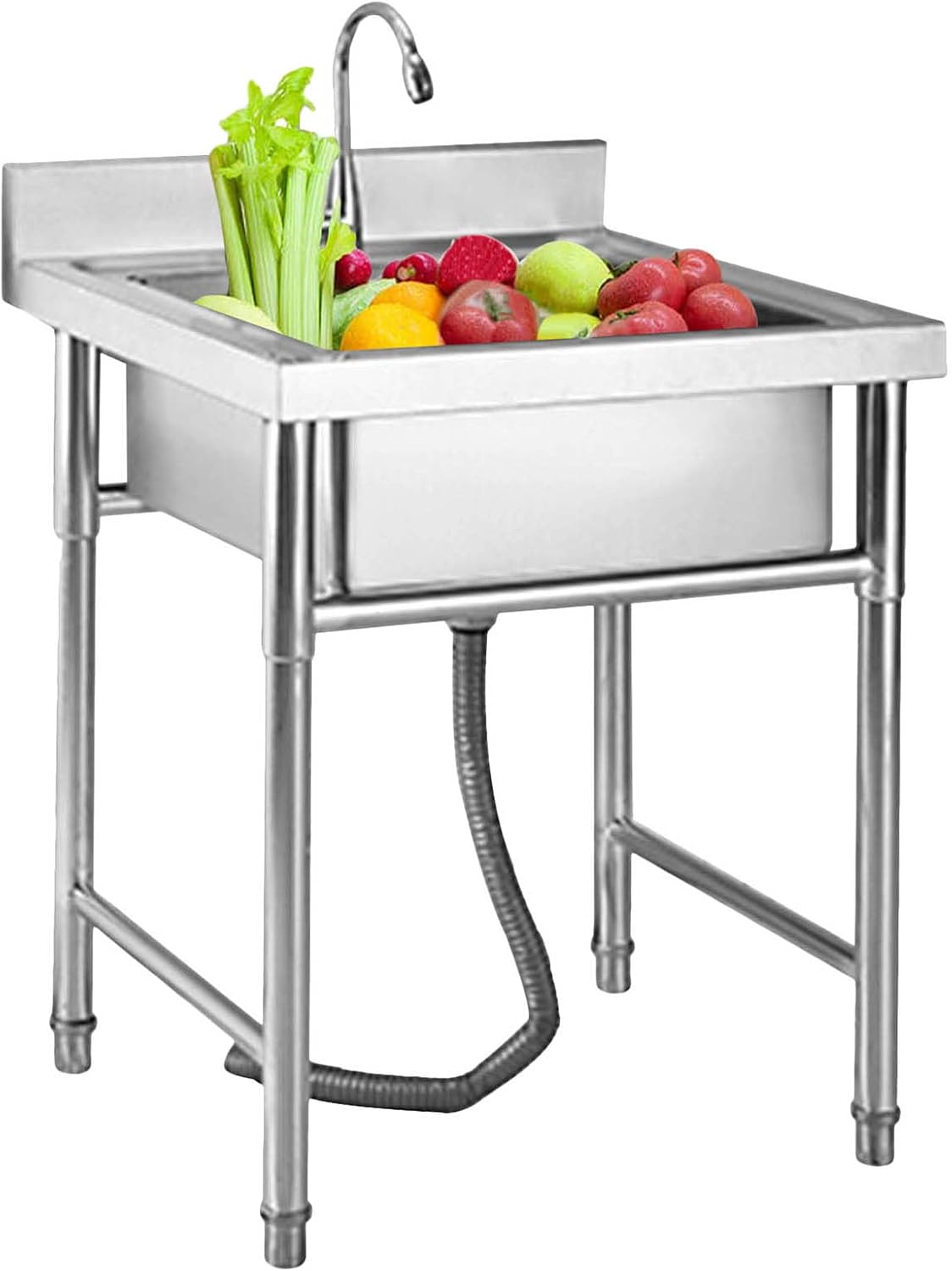 Single Bowl Sink Stainless Steel Prep Sinks Free Standing Commercial Hand Washing Basin for Laundry/Backyard/Garage, Silve