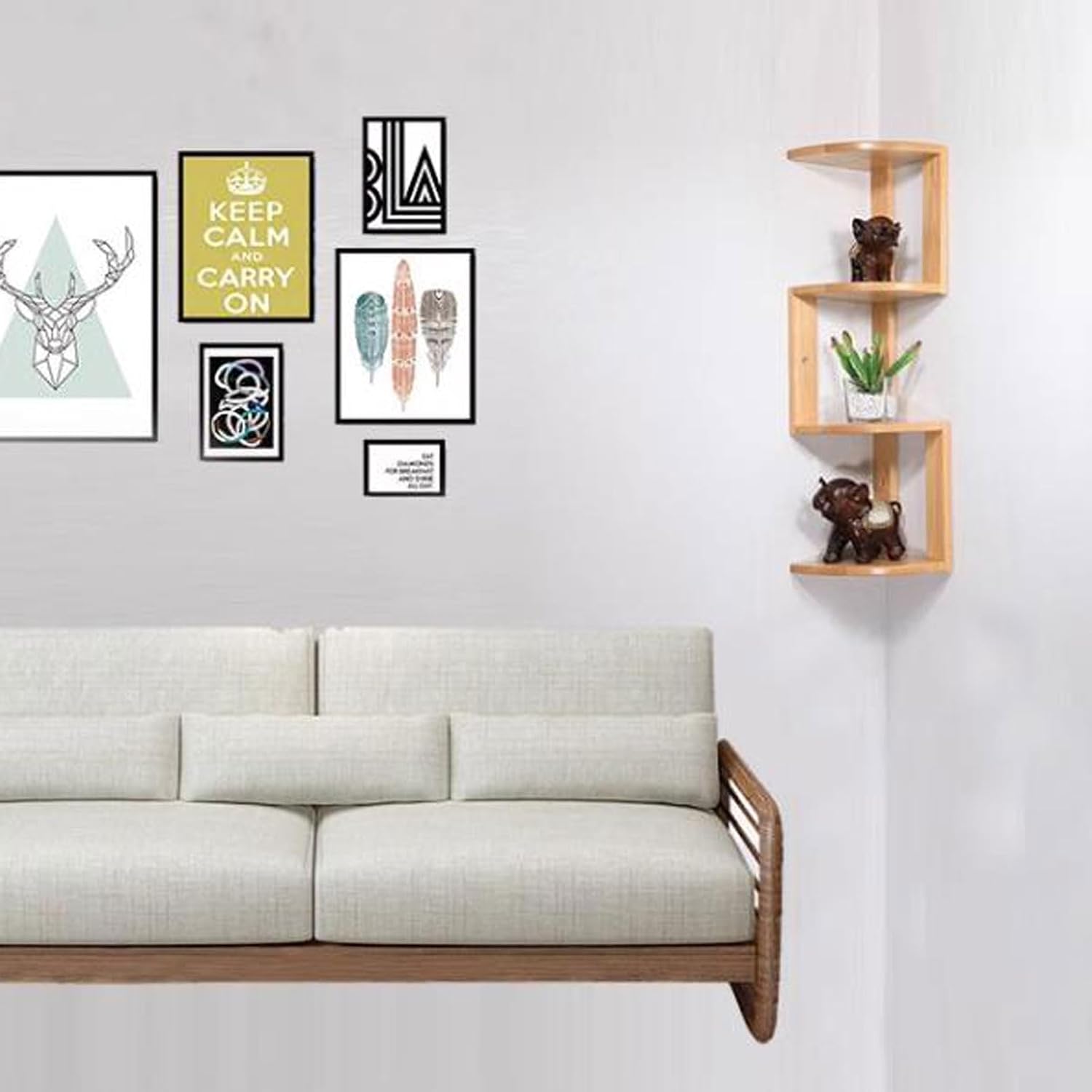 Wall Shelf Floating Corner Shelves for Wall Decor Storage, Solid Wood Wall Storage Shelves Rack 3 Tiers, Wall Mounted Wood Shelves for Home Decor, Bedroom, Living Room, B(Light Brown-Small)