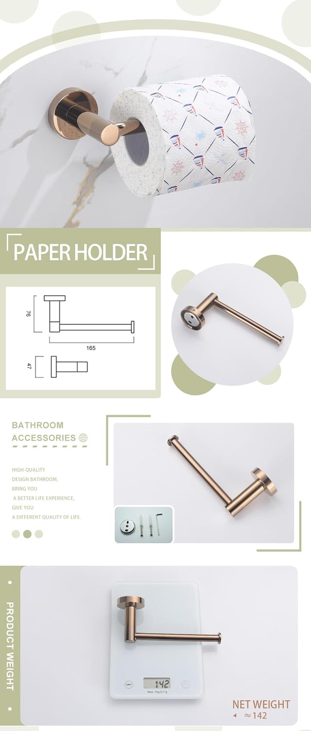 Rose Gold Bathroom Accessories 304 Stainless Steel Towel Rack Toilet Roll Paper Tissue Holder Double Cup Towel Bar Hooks,4 pcs Set