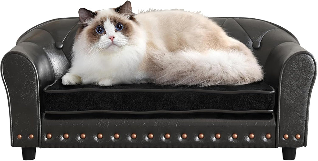 Dog Couch,Puppy Bed,Cat Sofa,Cat Couch,Pet Sofa,Dog Chair,Small Pet Bed with Copper Nail and Wooden Frame, Leather Fabric and Cushion,for Small Animals Using (Black)