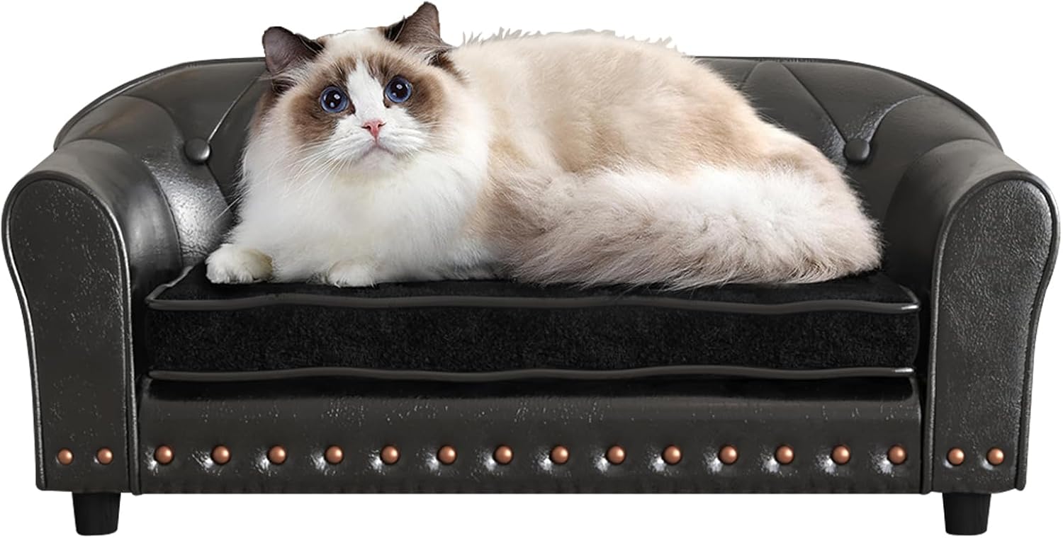 Dog Couch,Puppy Bed,Cat Sofa,Cat Couch,Pet Sofa,Dog Chair,Small Pet Bed with Copper Nail and Wooden Frame, Leather Fabric and Cushion,for Small Animals Using (Black)
