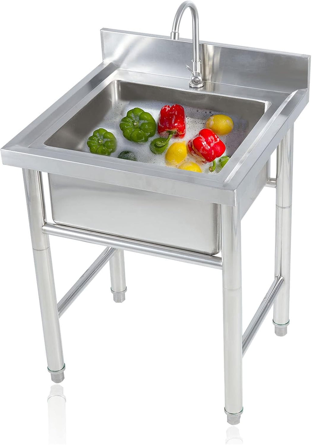 Stainless Steel Utility Sink Commercial Kitchen Sink with Swivel Faucet and Backsplash, Free Standing Deep Oversized Single Bowl Sink for Laundry, Garage