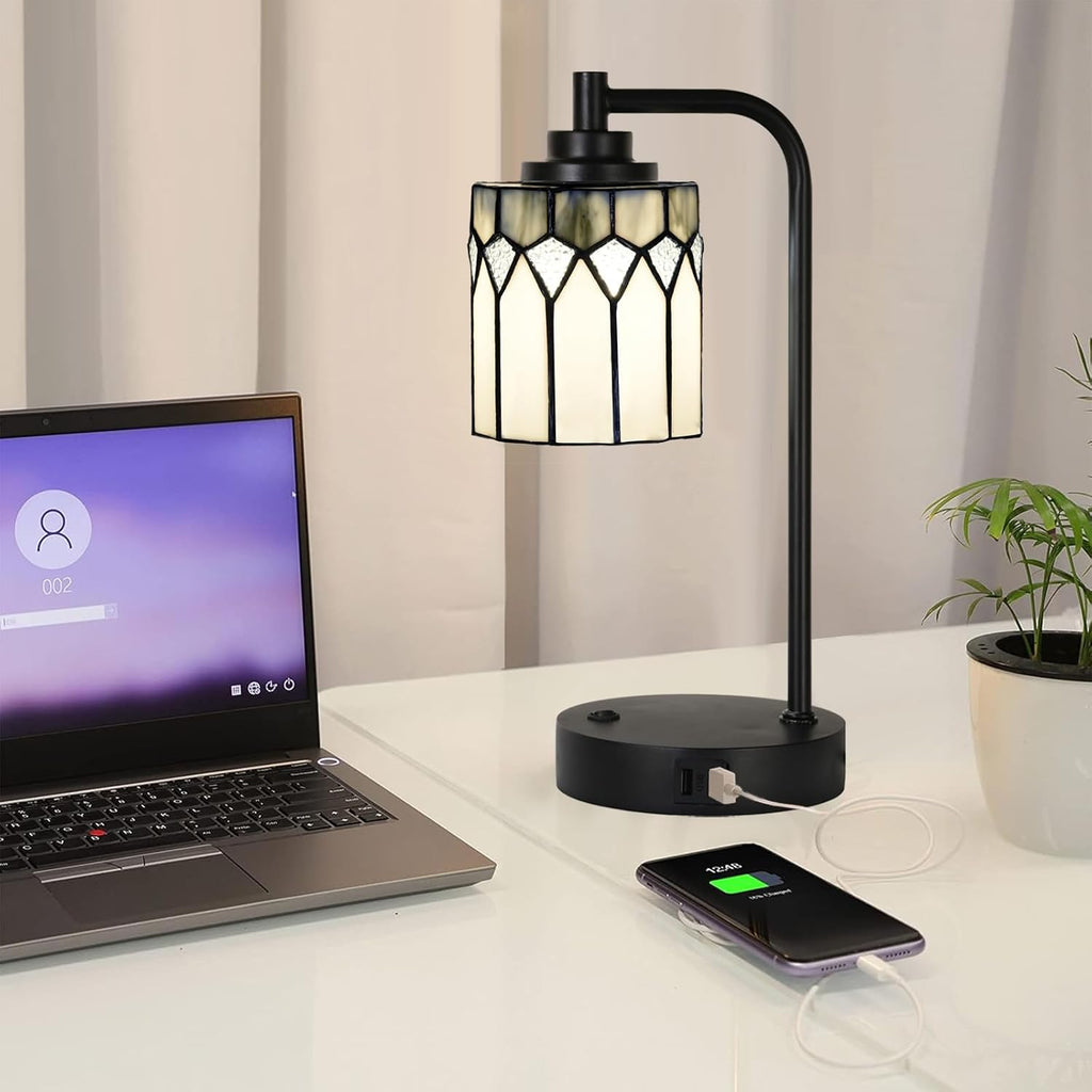 TL0019 Tiffany Table Lamp with 2 USB Charging Ports, Desk Lamp with Geometric Stained Glass Lamp Shade, Retro Nightstand H 14.5' for Bedrooms Office Study, LED Bulbs Included (Grey)