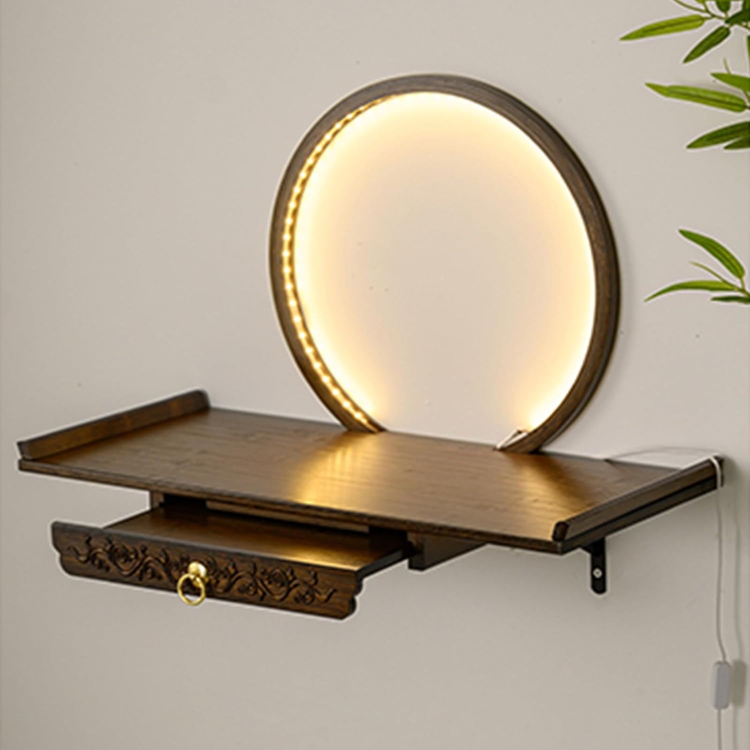 Wall-Mounted Buddha Statue Stand with LED Light Household Small Buddhist Shrine Altar Table with Retractable Pull Plate Bamboo Prayer Offering Table Wall Altar Shelf for Incense Offerings.(Walnut,50X2