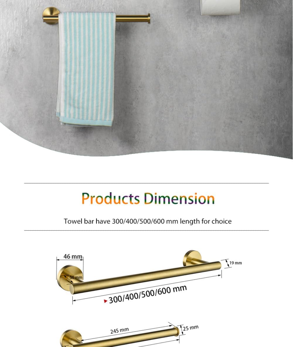 Brush Gold Bathroom Hardware Accessories Set Towel Bar Paper Holder Towel Ring Robe Hook Round Classic Bathroom Fittings, 4 Piece kit 30cm