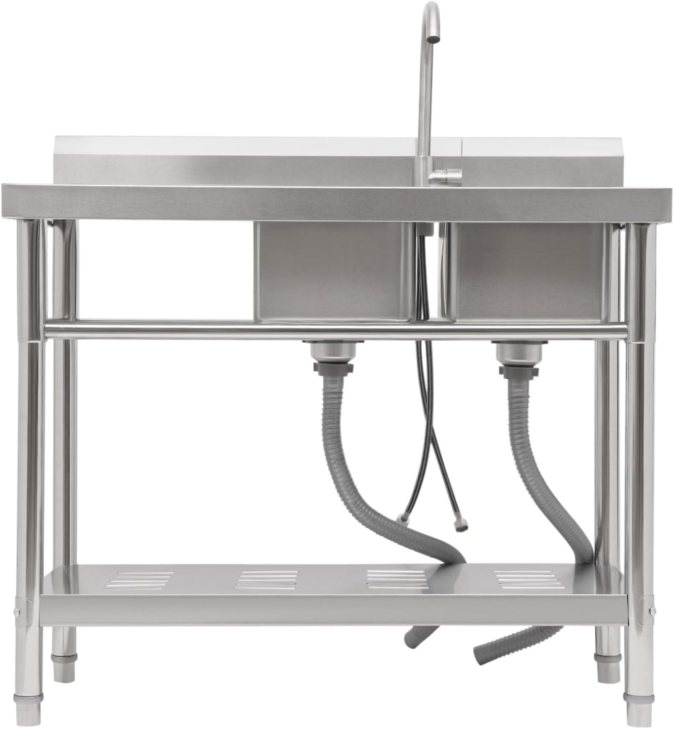 Stainless Steel Sink 2 Compartment Commercial Utility Sink Free Standing Kitchen Sinks with Cold and Hot Water Faucets for Kitchens, Garage, Laundry Room (39.4'W x 19.7'D x 36.6'H)