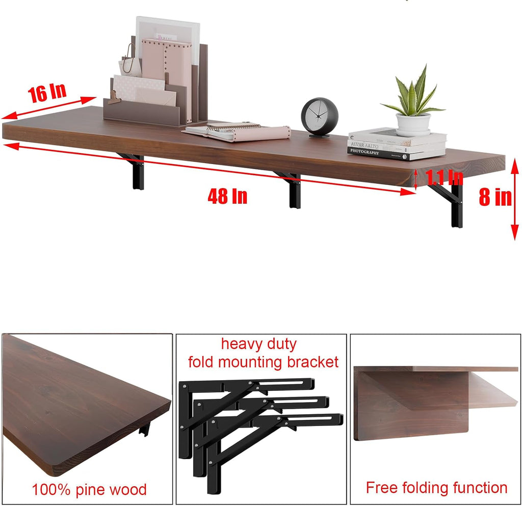 IAE Wall Mounted Folding Table with Pine Wood,48' x 16' Floating Wall Desk,Laundry Folding Table with Shelf Brackets,Fold Down Desk Shelf,Folding Workbench for Home,Dining,Laundry Room,Kitchen,Brown