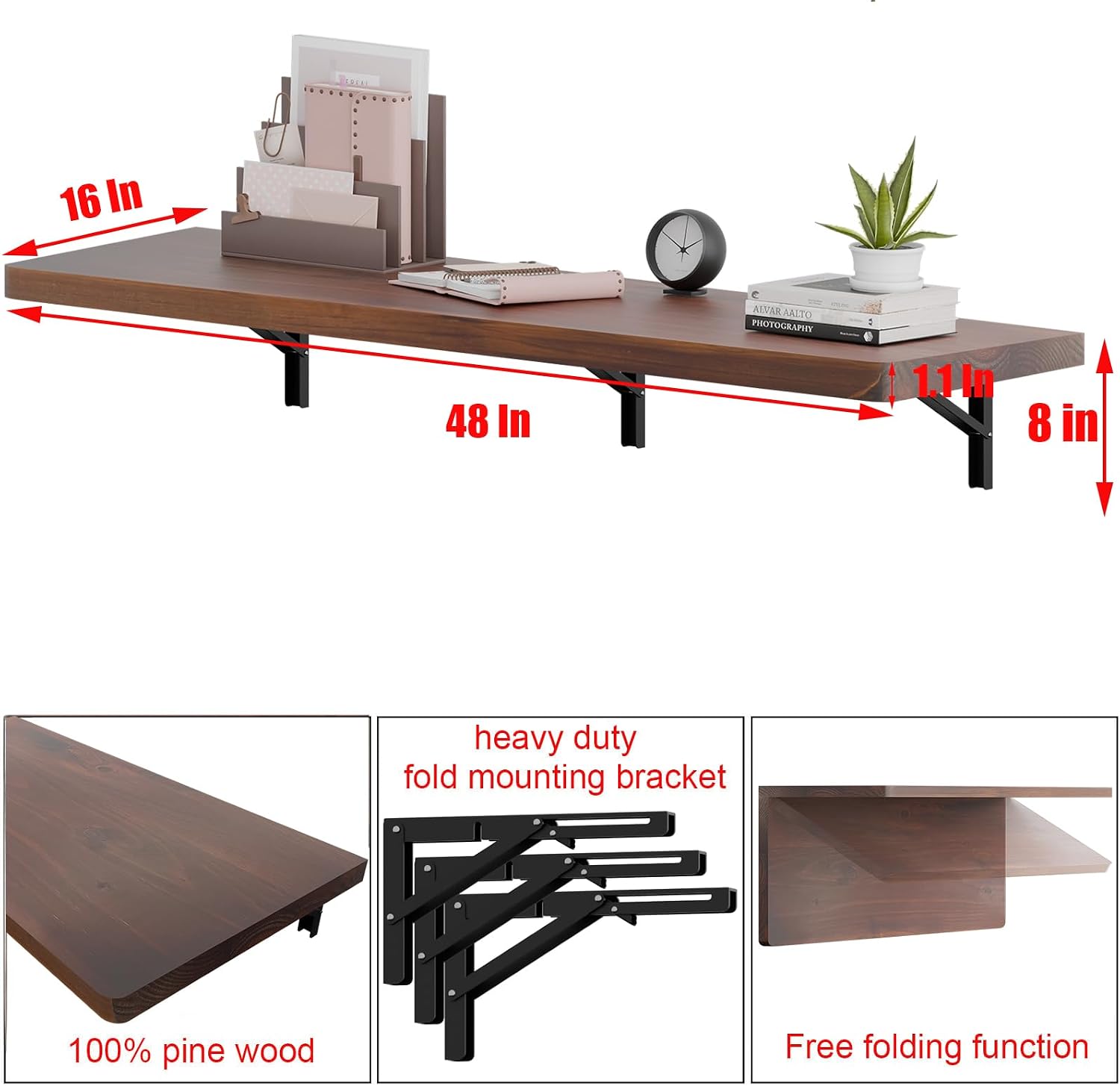 IAE Wall Mounted Folding Table with Pine Wood,48' x 16' Floating Wall Desk,Laundry Folding Table with Shelf Brackets,Fold Down Desk Shelf,Folding Workbench for Home,Dining,Laundry Room,Kitchen,Brown