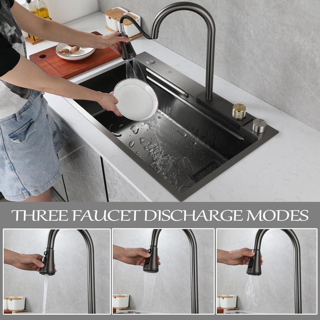 Stainless Steel Waterfall Kitchen Sink with 3-in-1 Faucet Multifunctional Single Bowl Sink with Drainage Basin, Drainage Basket, Cutting Board, Cup Washer, (Black Grey-68x45x22cm