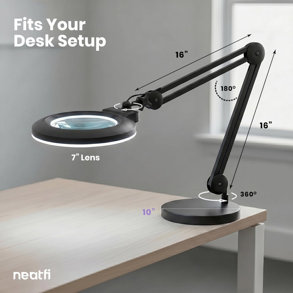 Neatfi XL LED Magnifying Lamp, Hands-Free, Dimmable, Crafts, Reading, Close Work (Black, Non-CCT with Base)