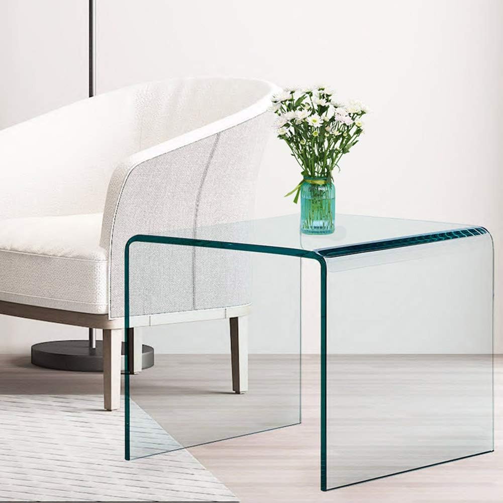 Clear Glass Nightstand, Tempered Glass End Tables, Modern Side Table for Living Room, Small Bent Table, Easy to Clean and Safe Rounded Edges 19.7'x19.7'x18.9'H