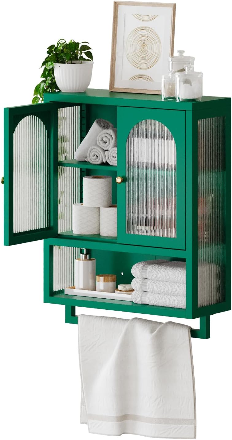 ALBAD Metal Bathroom Wall Cabinet with Fluted Glass Door and Towel Bar Wall-Mounted Medicine Cabinets Above the Toilet for Modern Bathroom, Kitchen, Garage, Laundry Room, Green