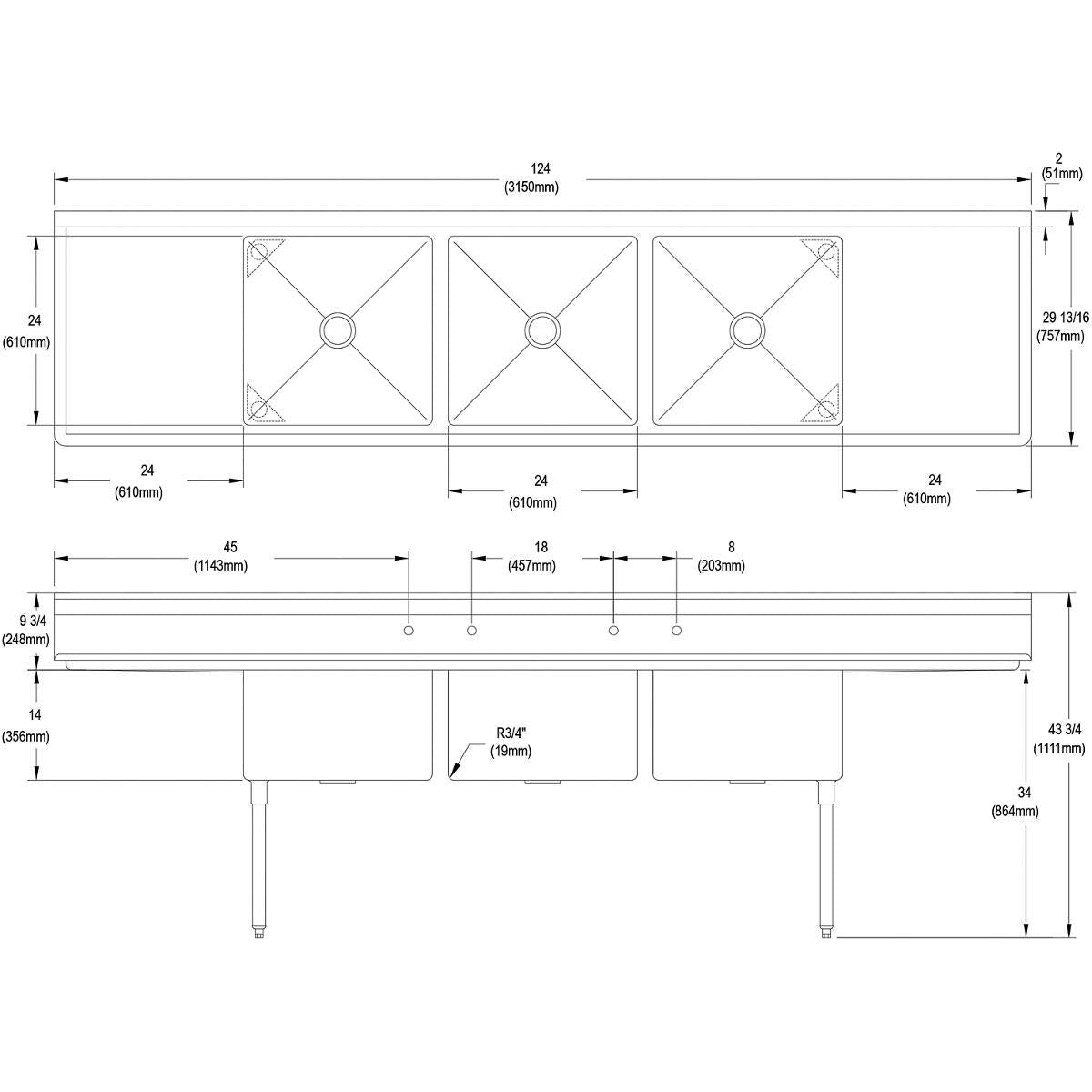 Elkay Foodservice 3 Compartment Sink, 124'X29.75' OA, 36' Working Height, 24X24 Bowl, 14 Deep, 9.75' Backsplash, Left & Right 24' Drainboards, 8' On Center Faucet Hole, Galvinized Legs, Adjustable Feet, 16 Gauge 300 Series Stainless Steel, NSF Certified