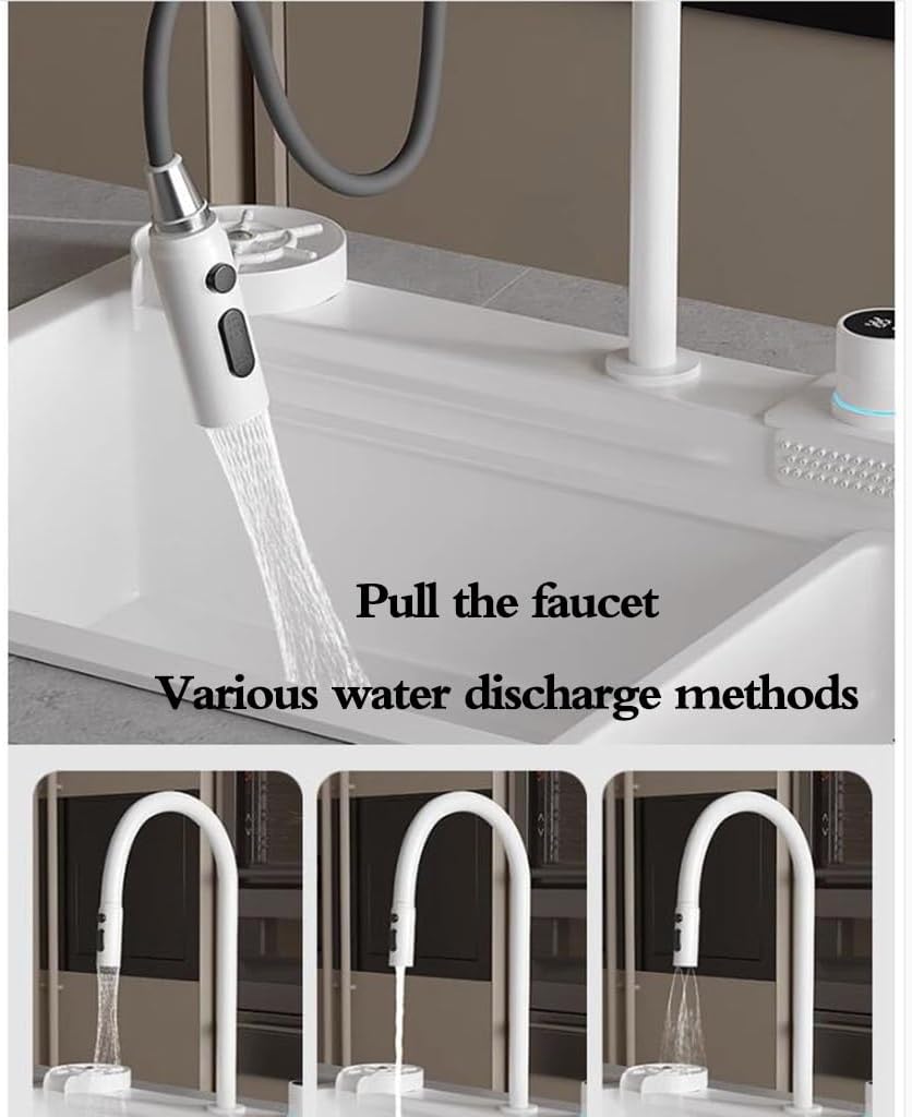 Single Bowl White Smart Digital Display Waterfall Sink Stainless Steel Single Bowl Sink Apartment Kitchen Dishwashiwater Pool Siphon Sink (68 * 45 * 23Cm