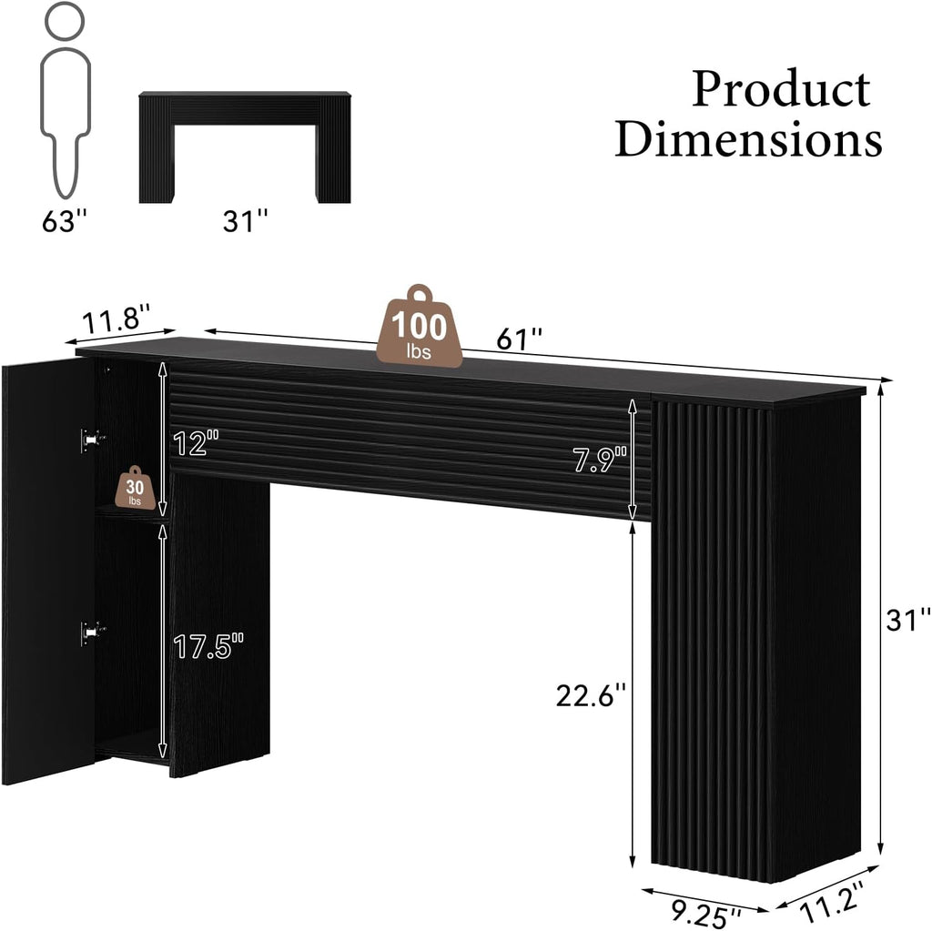 FABATO 61'' Fluted Long Console Table, Wooden Rectangular Sofa Table Behind The Couch, Narrow Entryway Table with 2 Hidden Storage Cabinets for Entrance, Hallway, Living Room, Foyer, Black