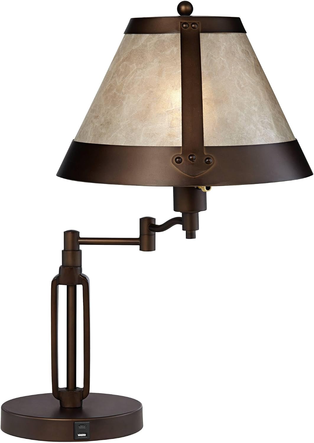 Franklin Iron Works Samuel 21 1/4' High Rustic Swing Arm Accent Table Lamp with USB Ports A+C Charging Bronze Natural Mica Shade for Living Room Bedroom House Bedside Nightstand Home Office Family