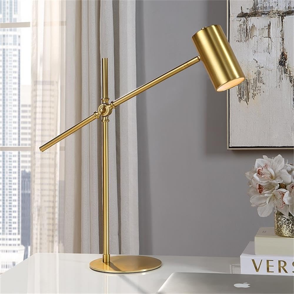 BOWERY HILL 1-Light Coastal Metal Desk Lamp, Cylinder Shade, Brushed Gold Finish, Adjustable Arm, Contemporary Transitional Style, 24.5' H x 25.75' W x 7.5' D, Functional Lighting for Home Office or