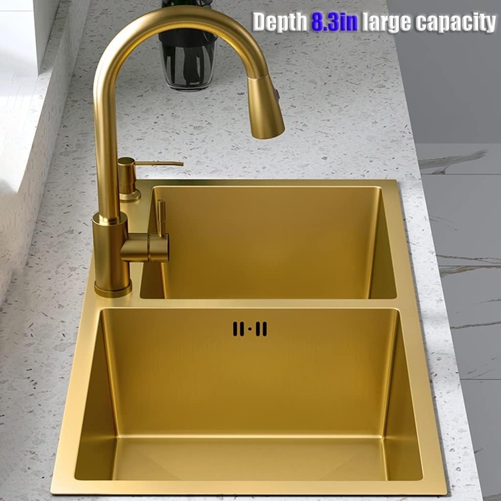 Large Gold Double Bowl Bar Prep Sink Home 304 Stainless Steel Kitchen Sink RV Sink Drop-in Or Undermount (Color : Gold-1, Size : 80x45x22cm) (Gold2 78x43x22cm)