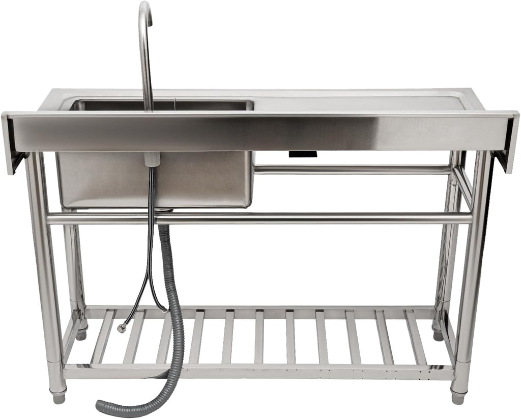 Stainless Steel Sink Single Bowl Commercial Utility Sink Free Standing Kitchen Sinks with Cold and Hot Water Faucets for Kitchens, Garage, Laundry Room (47.2'W x19.5'D x 36.6'H)