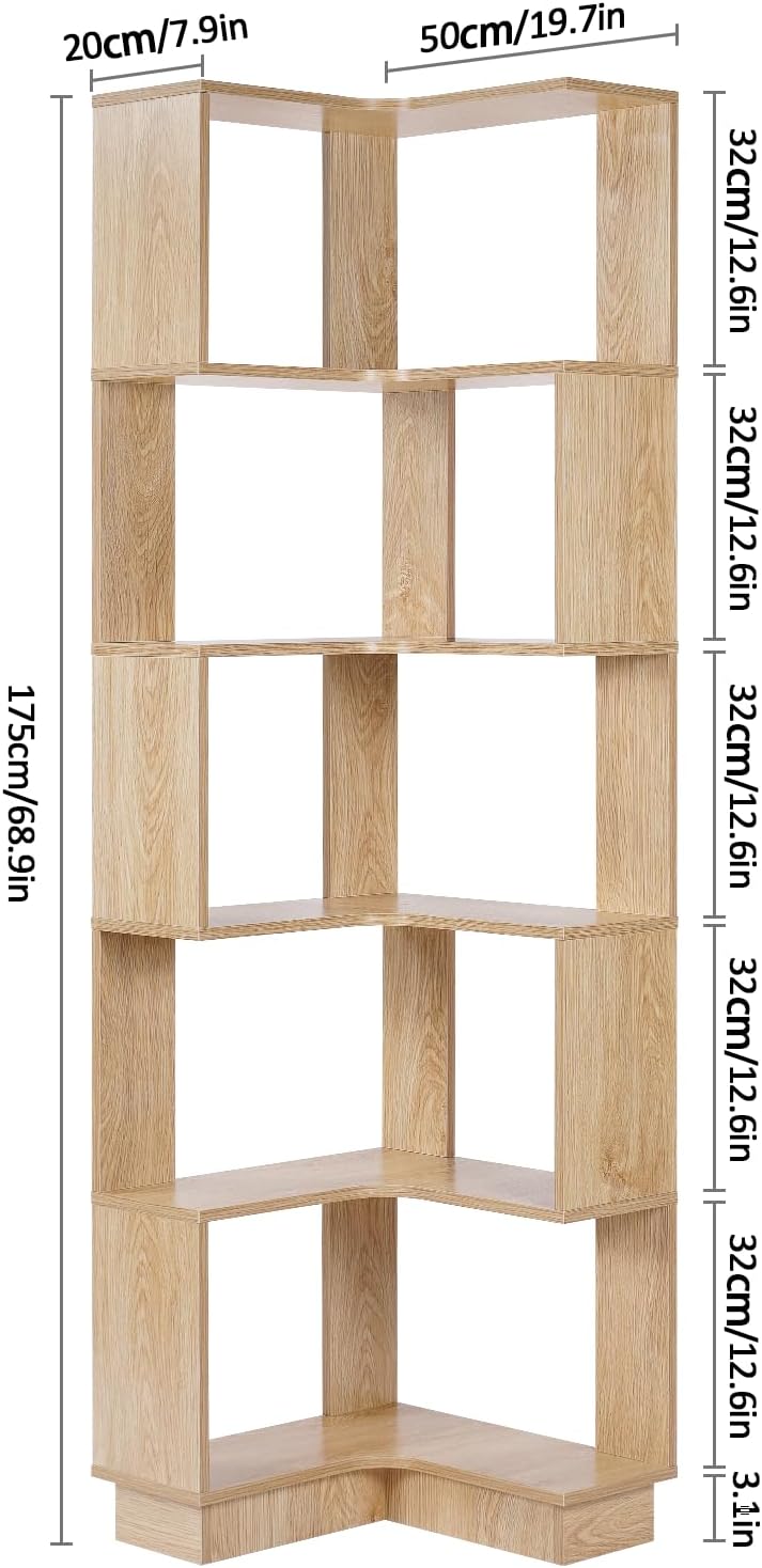 Wooden Corner Bookcase, 5 Tiers Corner Bookshelf 68.9' L-Shaped Storage Display Rack Tall Large Open Bookshelf with Fixture for Living Room Bedroom Study Office