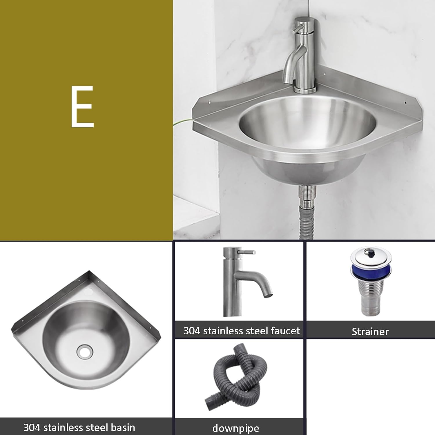Stainless Steel Single Bowl Sink with Faucet, 3.9IN Deep Wall-Mounted WashBasin, Space-Saving, Easy to Clean,Small Sink Corner for Kitchen Bathroom (Color : Silver, Size : E) (Silver E)