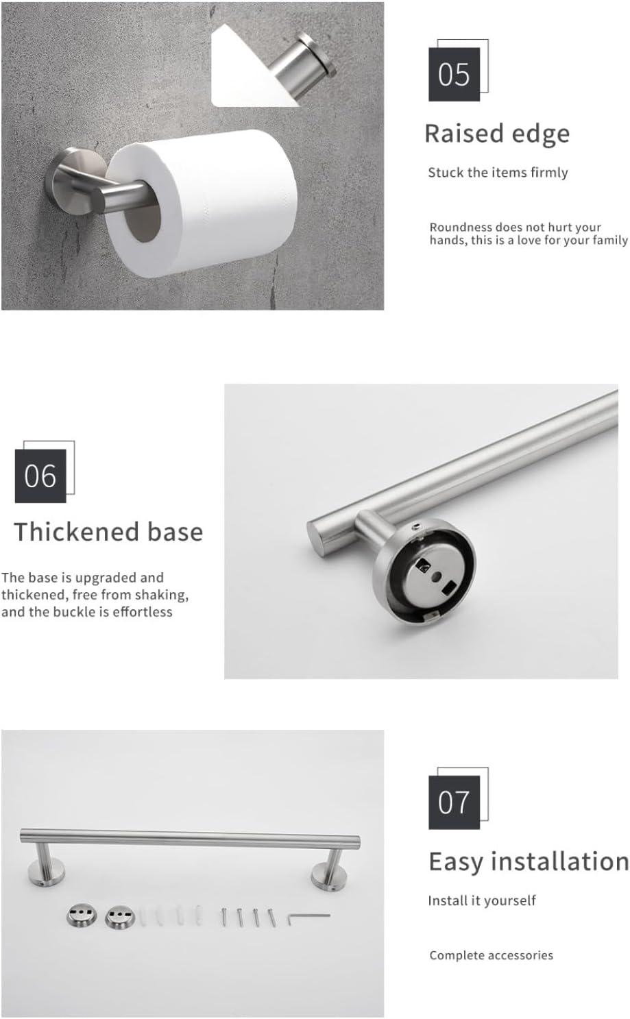 Bathroom Hardware Set Accessories Kit Brushed Stainless Steel Round Wall Rack Hand Bar Toilet Roll Paper Holder Robe Towel Hook,BG,60cm,Set