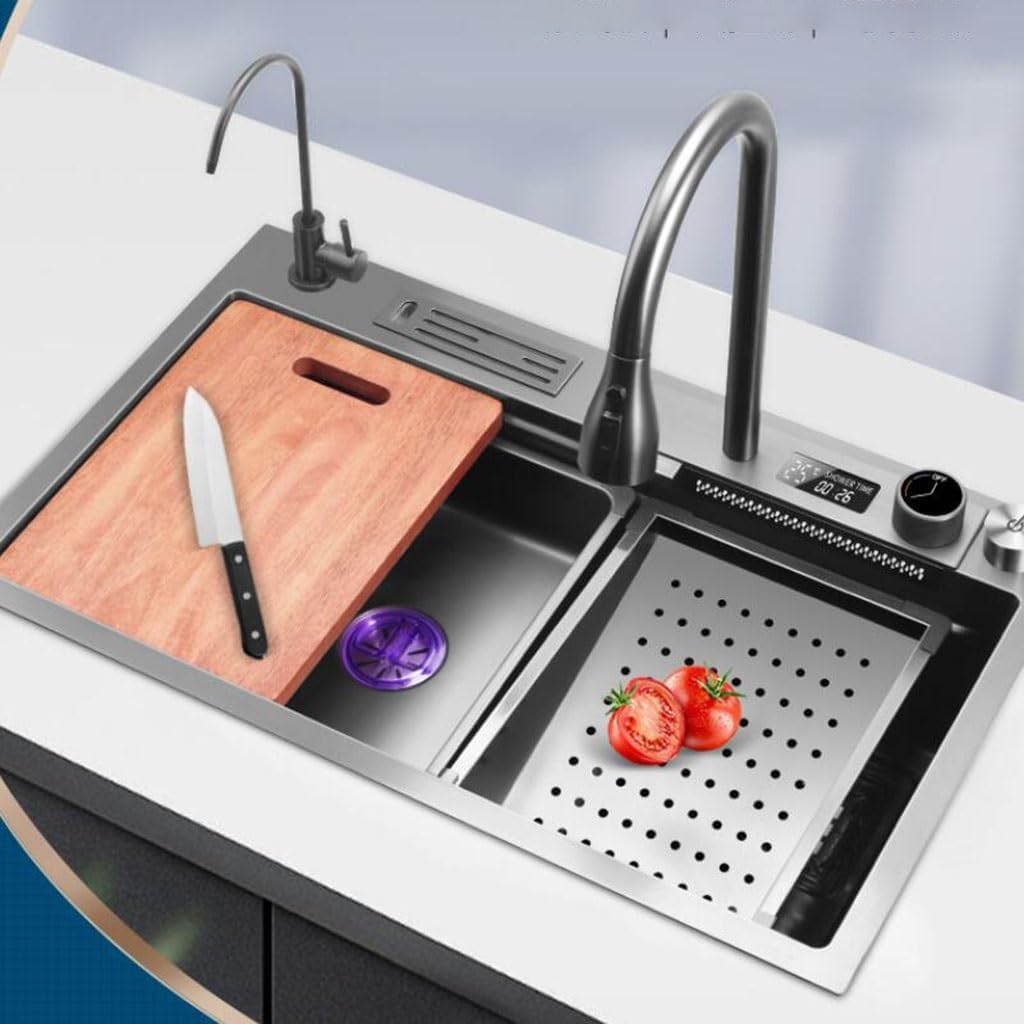 Single Bowl Digital Display Stainless Steel Single Bowl Sink Kitchen Wash Basin Embedded Vegetable Sink Button Control Water Outlet Siphon Sink (75 * 46 * 21Cm