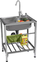 1 Compartment 304 Stainless Steel Commercial Kitchen Prep Utility Sink Single Free Standing Bowl Sink Extra-Deep Laundry Tub for Garage, Restaurant, Laundry Room, Indoor Outdoor