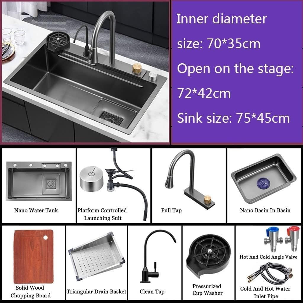 Kitchen Sink Pull-Out Waterfall Faucet Sink Single Bowl Sink for Undermount and Built-in Installation/Black/75 * 45 * 20Cm (Black-75 * 45 * 20Cm