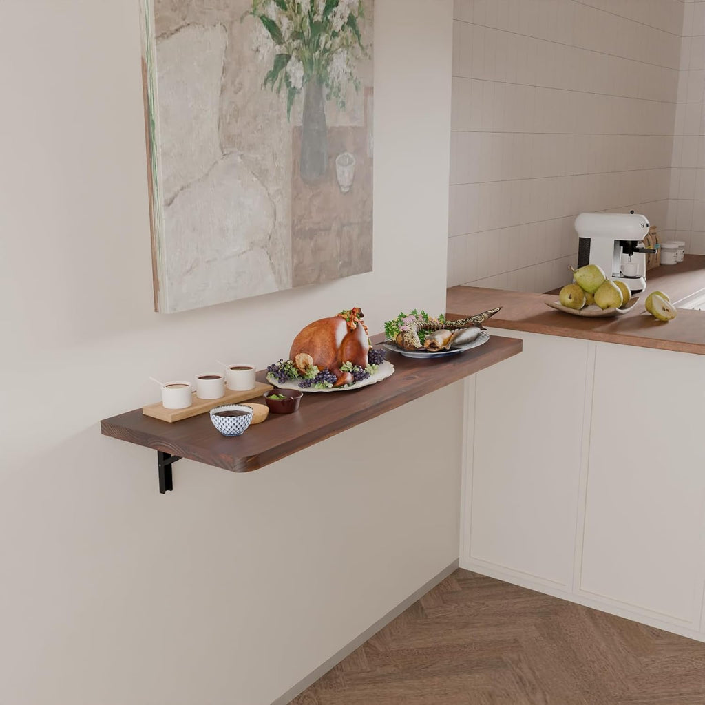 IAE Wall Mounted Folding Table with Pine Wood,48' x 16' Floating Wall Desk,Laundry Folding Table with Shelf Brackets,Fold Down Desk Shelf,Folding Workbench for Home,Dining,Laundry Room,Kitchen,Brown
