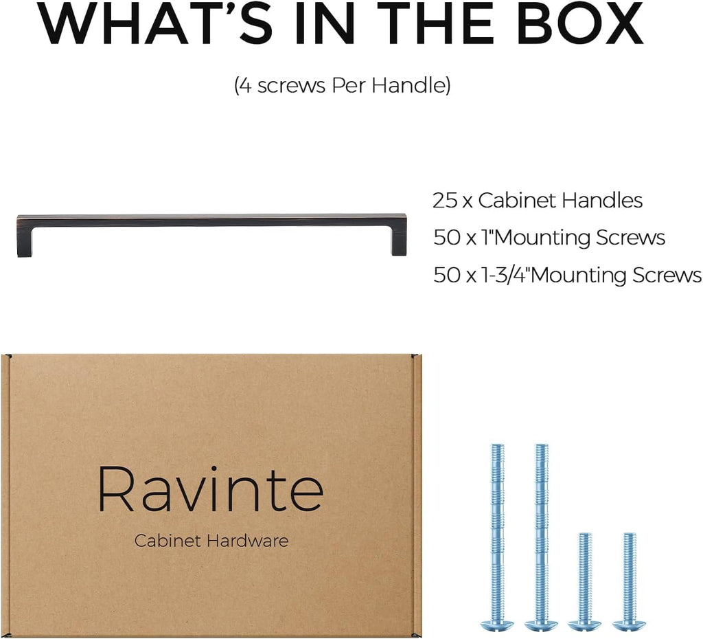 Ravinte 25-Pack 10-Inch Solid Square Cabinet Pulls - Oil-Rubbed Bronze Handles for Kitchen Cabinets & Drawers