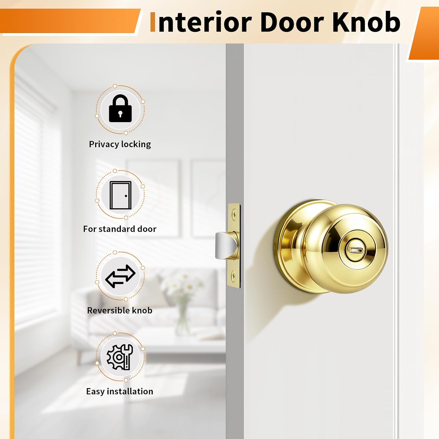 Probrico Polished Brass Door Knobs, Interior Door Knobs with Round Ball Knob, Nickel Privacy Door Knob for Bedroom Bathroom, 15 Pack