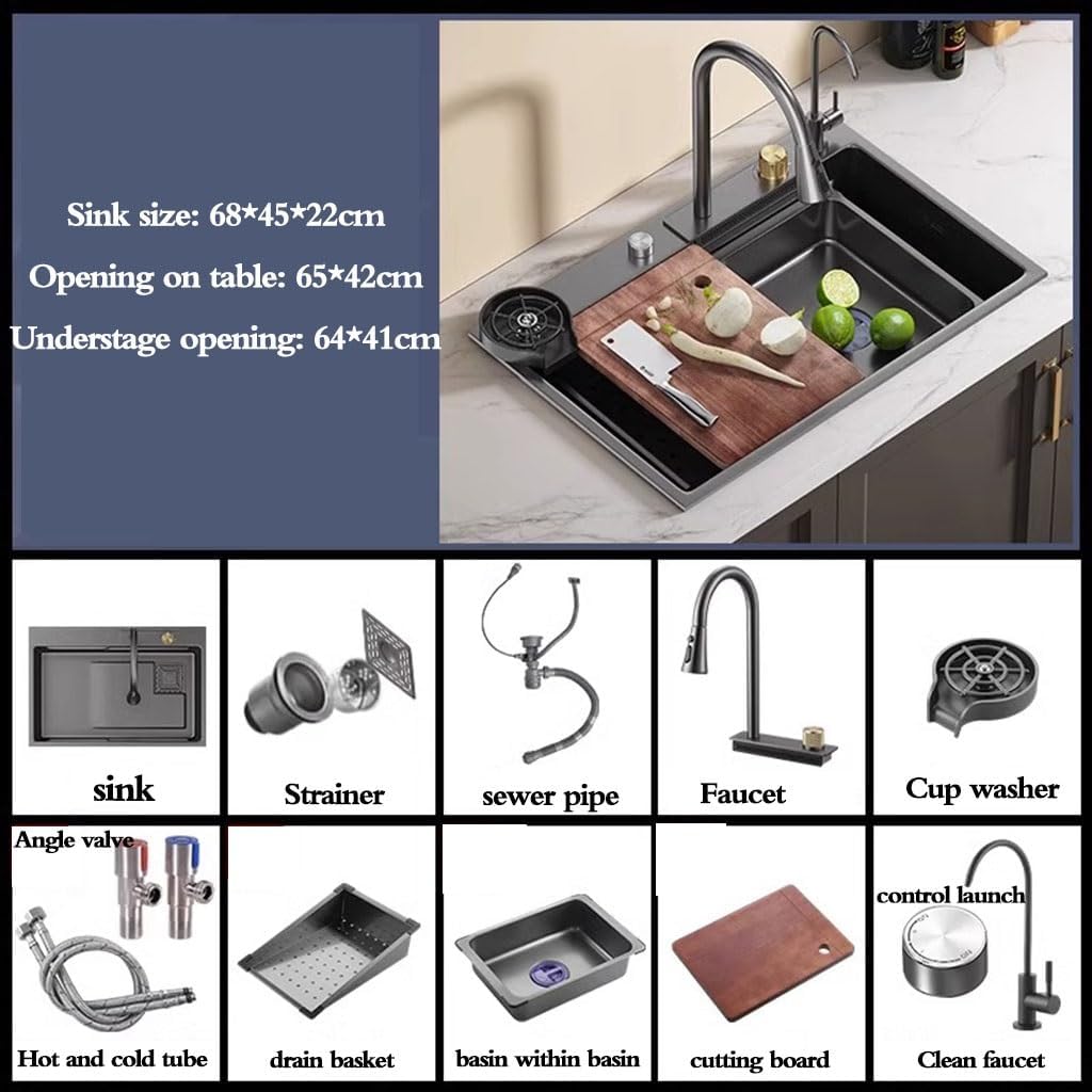Kitchen Sinks, Single Bowl Home Kitchen Waterfall Sink Stainless Steel Vegetable Washibasin Balcony Pool Large Capacity Single Bowl Sink (68 * 45 * 22Cm