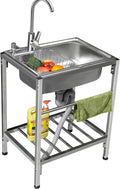 Free Standing Utility Sink 1 Compartment Stainless Steel Commercial Kitchen Prep Sink Single Bowl Sink for Garage, Restaurant, Kitchen, Laundry Room, Indoor Outdoor