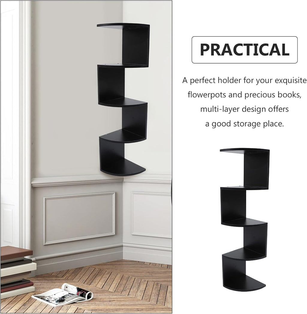 Modern Style Wooden 5-Tier Wall-Mounted Corner Shelf Black, Creative Home Storage Rack for Living Room Bedroom Kitchen, Decorative Floating Bookshelf Organizer