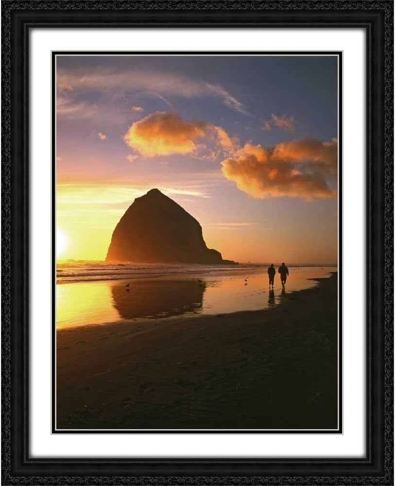 Terrill, Steve 15x17 Black Ornate Framed and Double Matted Museum Art Print Titled OR, Cannon Beach Couple by Haystack Rock, sunset
