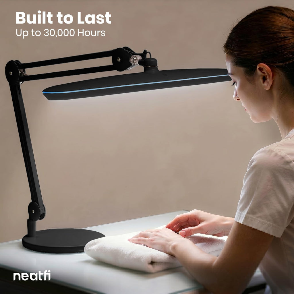 Neatfi XL 24W LED Desk Lamp – 2,200 Lumens | 23' Wide Shade | Dimmable Eye-Caring Task Light | Adjustable Arm | Office, Study, Crafting & Nail Techs (Black, Non-CCT with Base)