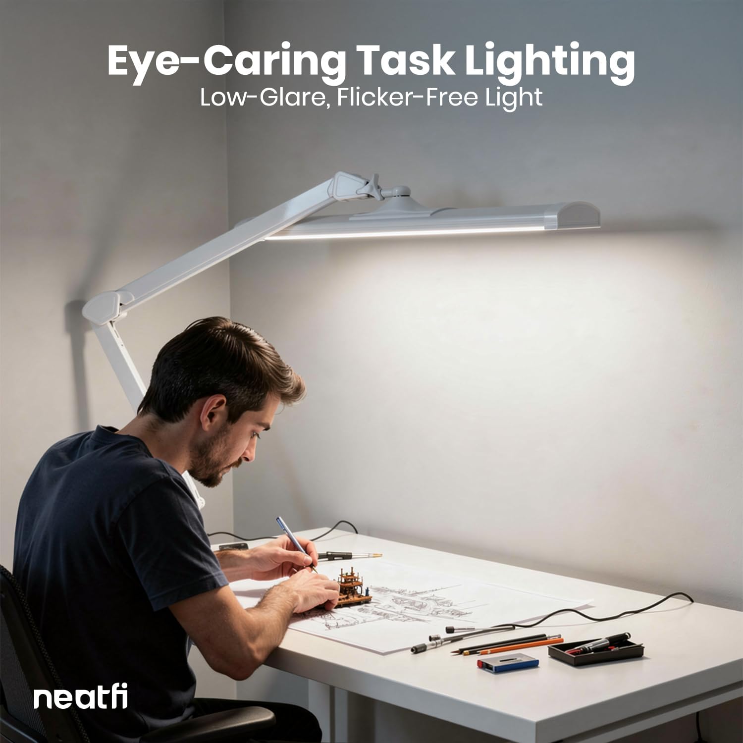 Neatfi Ultra 3,500 Lumens LED Desk Lamp with Base– 45W, 270 SMD LEDs, Shadow-Free | Adjustable Brightness | Non-Flickering Task Light for Nail, Craft & Office (White-3, 26-Inch Wide Shade)