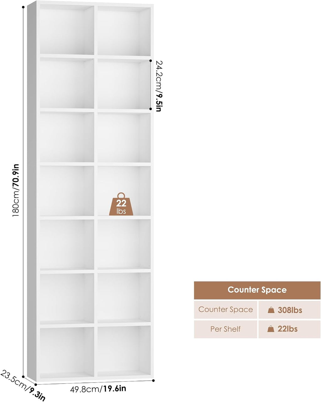 FOTOSOK 71'' Tall Bookshelf Set of 2, 7 Tier Large White Bookshelf with Adjustable Shelves, Wide Bookcases and Bookshelf, DVD/CD Media Tower Storage, Cube Book Shelf Display Shelf Cabinet, White