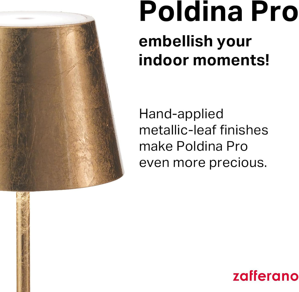 Zafferano, Poldina Pro Lamp with Gold Leaf, Rechargeable Cordless Table Lamp with Touch Controls, Usable as an Indoor Lamp, Dimmer, 2200-3000 K, Height 14.9 Inches