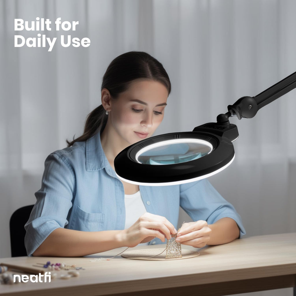 Neatfi XL Bifocal LED Magnifying Lamp, 7' Acrylic Lens, 2.25X/6X Magnification, 1,600 Lumens Dimmable | Hands-Free Close Work | Crafting, Jewelry & Reading (Black, 7-inch Lens, Non-CCT with Clamp)