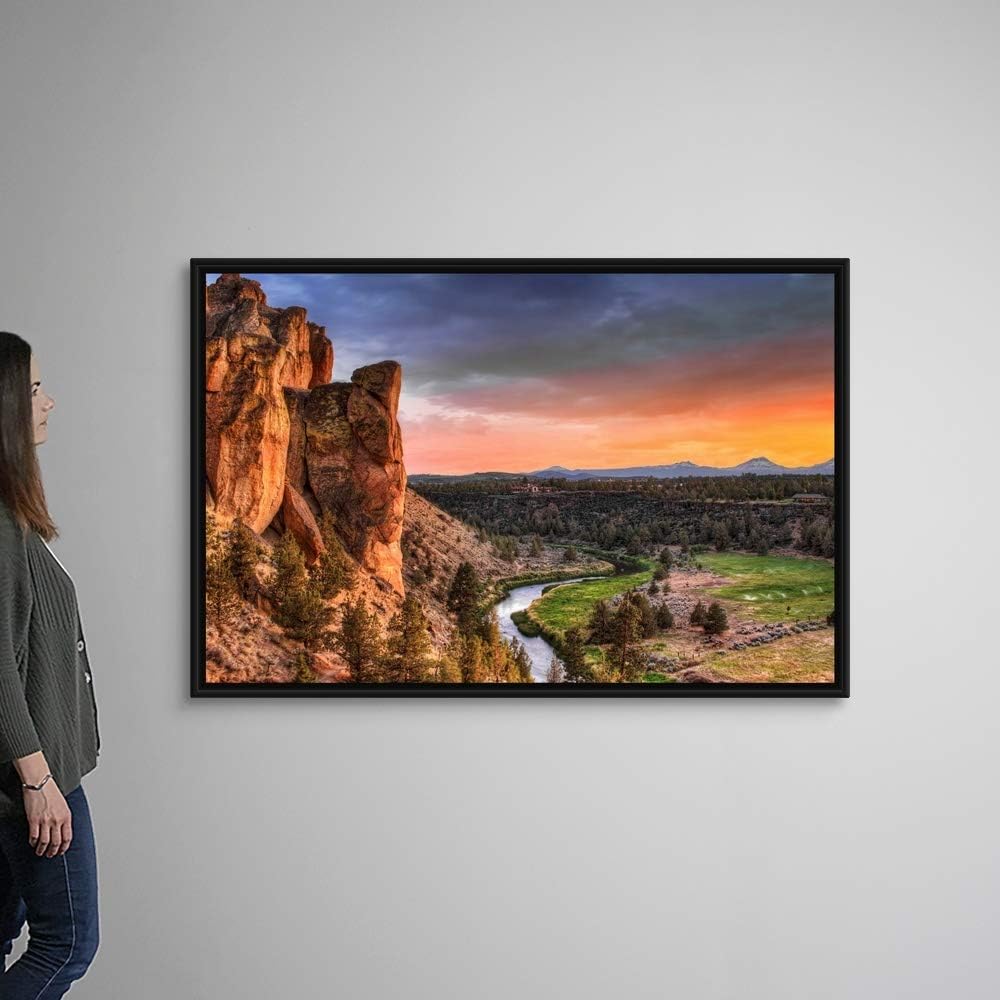 Sunset at Smith Rock State Park in Black Float Frame Canvas Art, Oregon Artwork