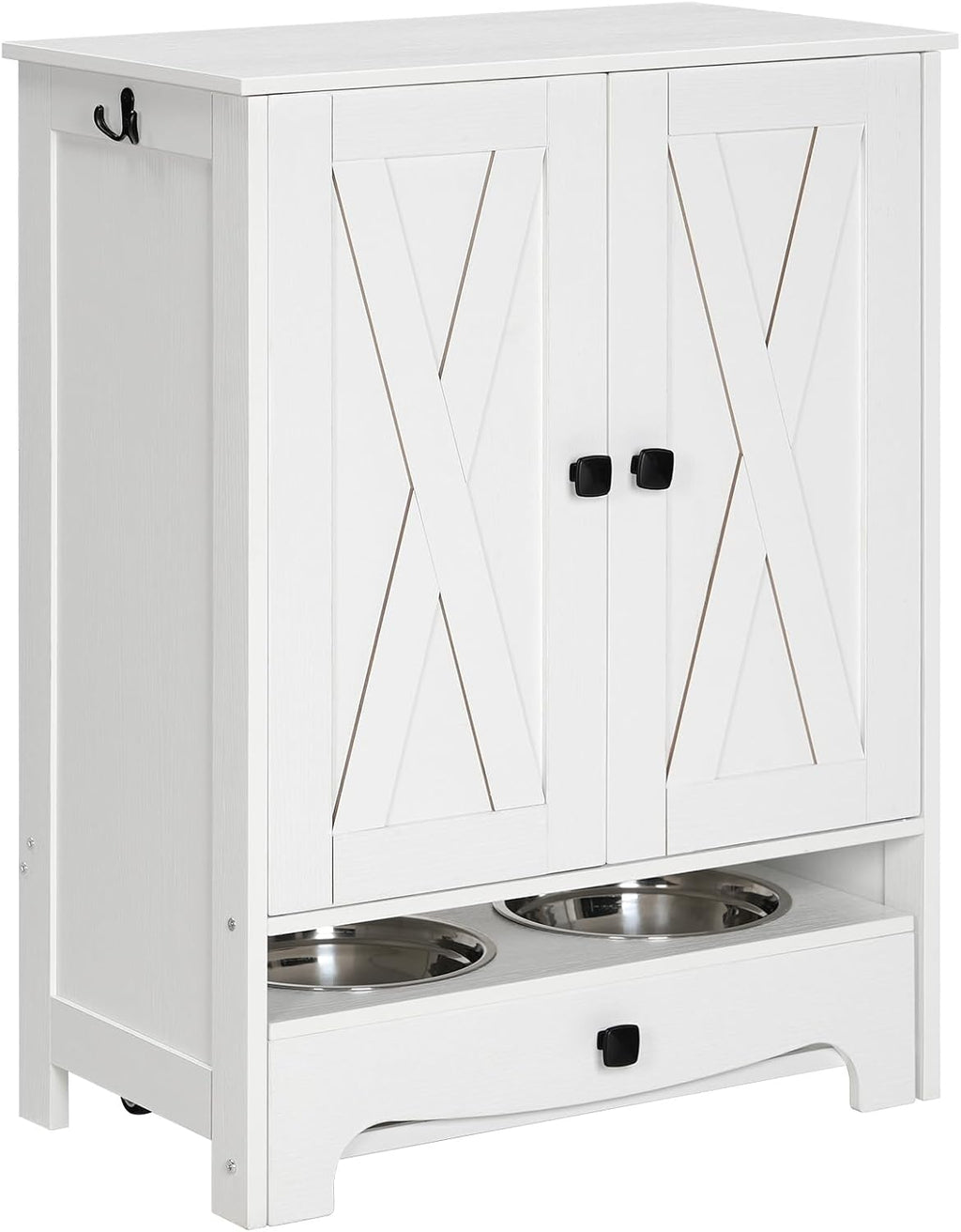 HOOBRO Dog Feeding Station with Feeding Bowls, Pet Organizer Cabinet with Storage and Hooks, Pet Feeding Station with Sliding Drawer and 2 Hidden Bowls for Dog & Cat, White WT12PO03G1