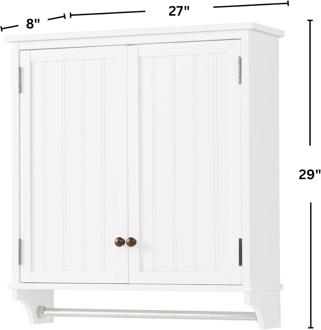 Dover 27' x 29' Wall Mounted Bathroom Storage Cabinet with Shaker Beadboard Doors, Two Adjustable Shelves and a Towel Bar – White Wall Cabinet for Bathroom, Laundry, or Entryway by Alaterre Furniture