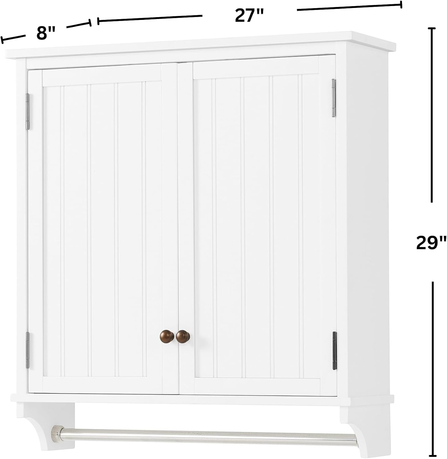 Dover 27' x 29' Wall Mounted Bathroom Storage Cabinet with Shaker Beadboard Doors, Two Adjustable Shelves and a Towel Bar – White Wall Cabinet for Bathroom, Laundry, or Entryway by Alaterre Furniture