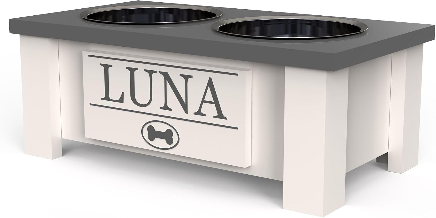 GTW Elevated Dog Bowl Stand for Small Dogs - Customized Feeding Station with Storage & Stainless Steel Food Bowls (Small, Grey)