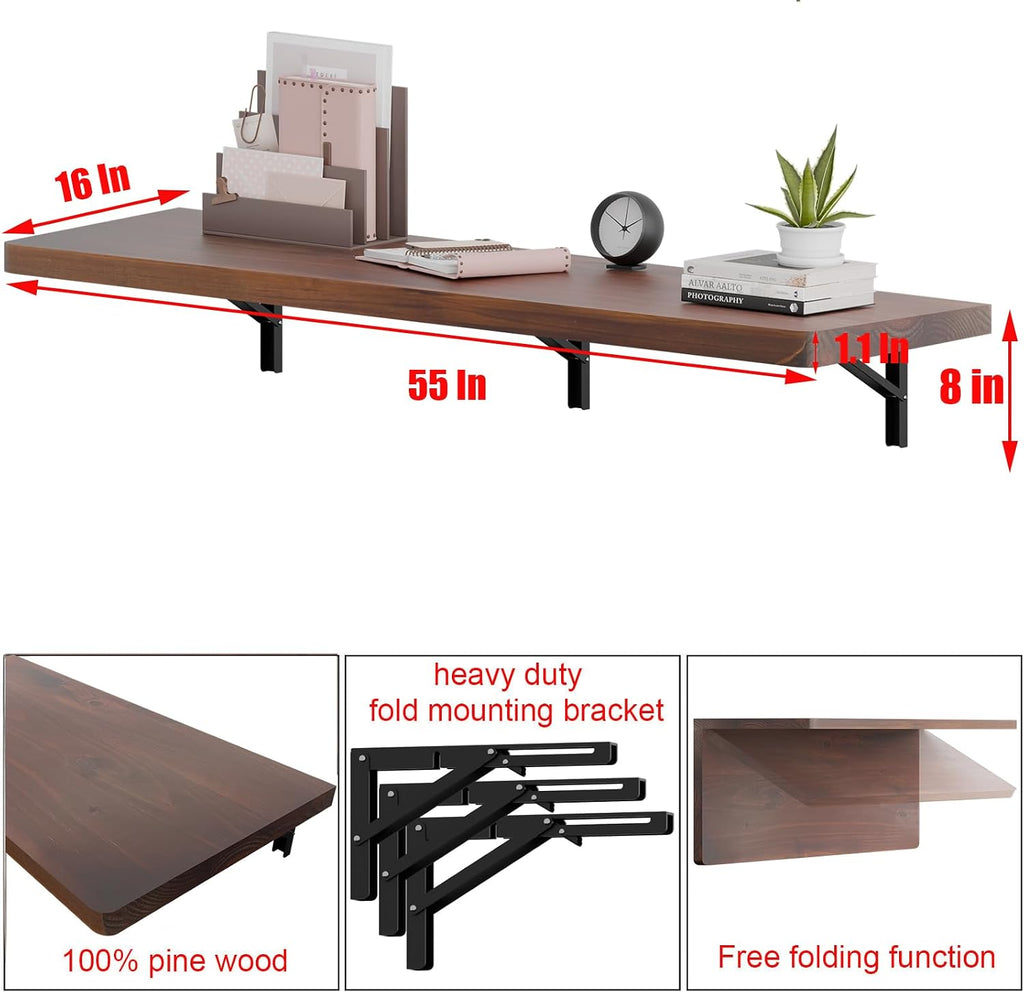 IAE Wall Mounted Folding Table with Pine Wood,55' x 16' Floating Wall Desk,Laundry Folding Table with Shelf Brackets,Fold Down Desk Shelf,Folding Workbench for Home,Dining,Laundry Room,Kitchen,Brown