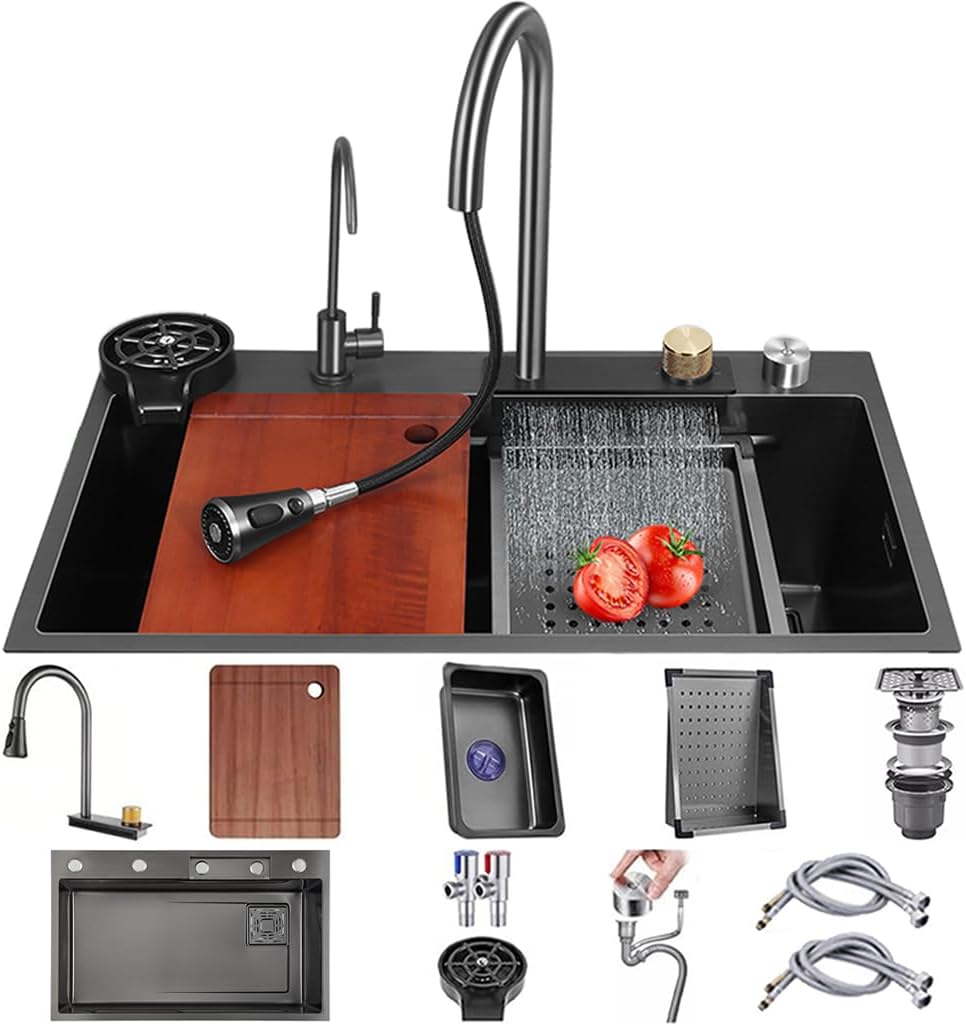 Stainless Steel Waterfall Kitchen Sink with 3-in-1 Faucet Multifunctional Single Bowl Sink with Drainage Basin, Drainage Basket, Cutting Board, Cup Washer, (Black Grey-68x45x22cm